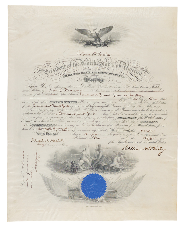 Lot 55 William McKinley Document Signed as President, Appointing a Navy Lieutenant