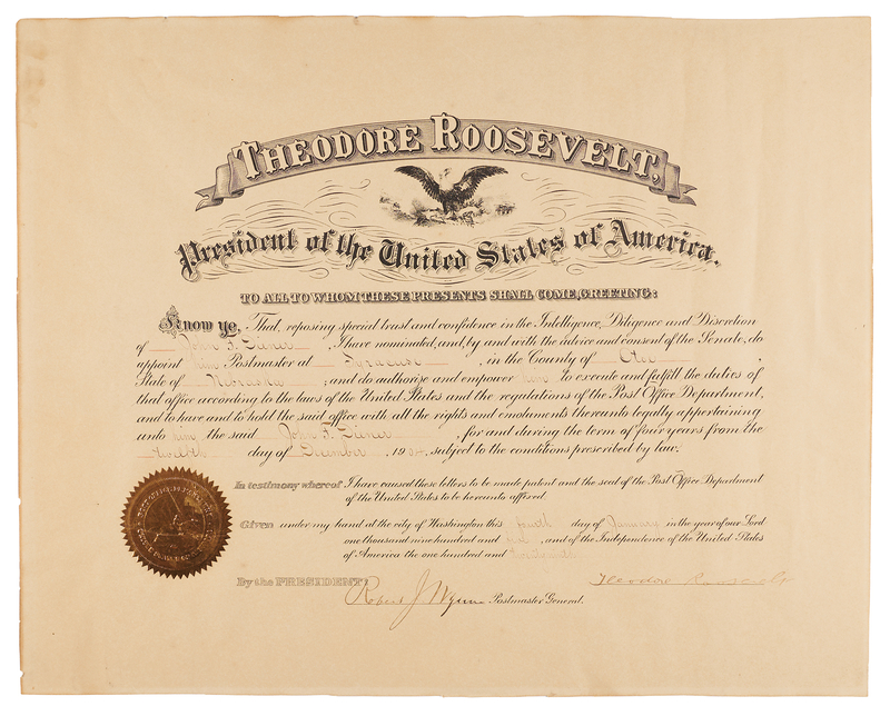 Lot 56 Theodore Roosevelt Document Signed as President, Appointing a Postmaster