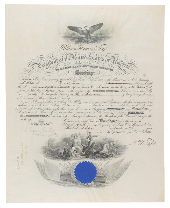 Lot 59 William H. Taft Document Signed as President, Appointing a Rear Admiral in the Navy on the Retired List