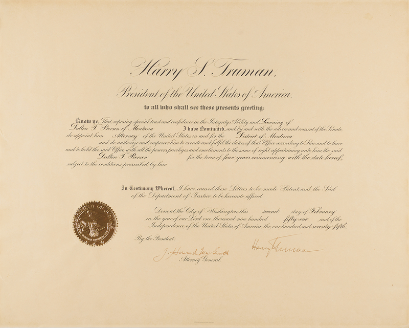 Lot 70 Harry S. Truman Document Signed as President, Appointing a US Attorney for Montana