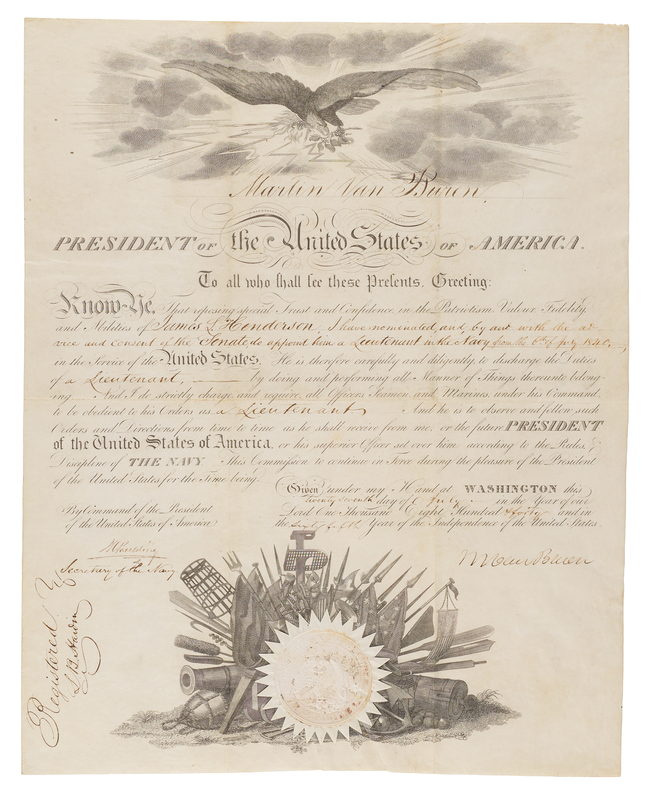 Lot 13 Martin Van Buren Document Signed as President, Appointing a Navy Lieutenant