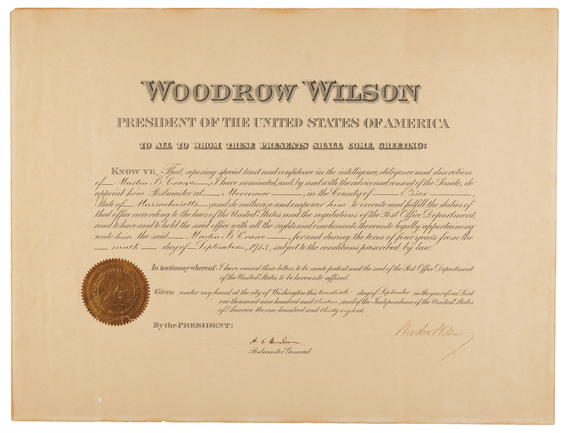 Lot 60 Woodrow Wilson Document Signed as President, Appointing a Postmaster