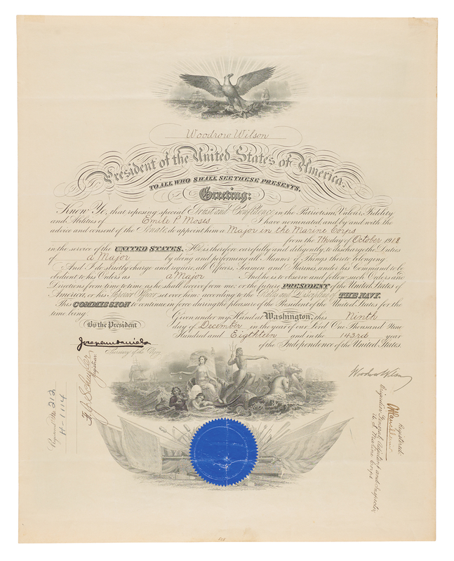 Lot 61 Woodrow Wilson Document Signed as President, Appointing a Major in the Marine Corps