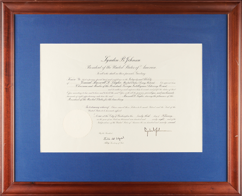 Lot 79 Lyndon B. Johnson Document Signed as President, Appointing Gen. Maxwell Taylor to the President's Foreign Service Advisory Board