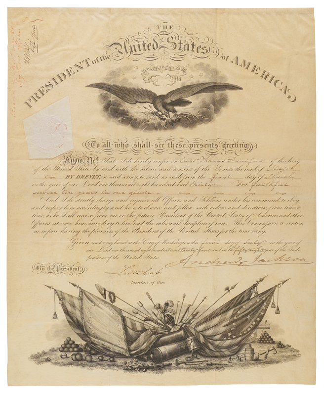 Lot 10 Andrew Jackson Document Signed as President, Appointing a Major by Brevet