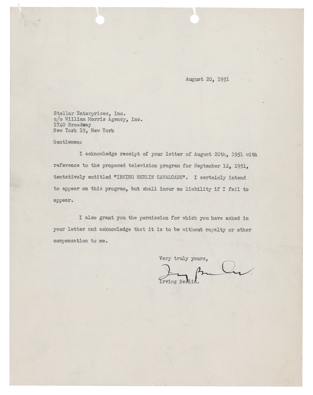 Lot 563 Irving Berlin Typed Letter Signed on the 