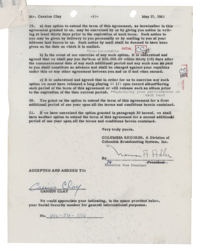 Lot 763 Muhammad Ali Document Signed - Columbia Records Contract as 