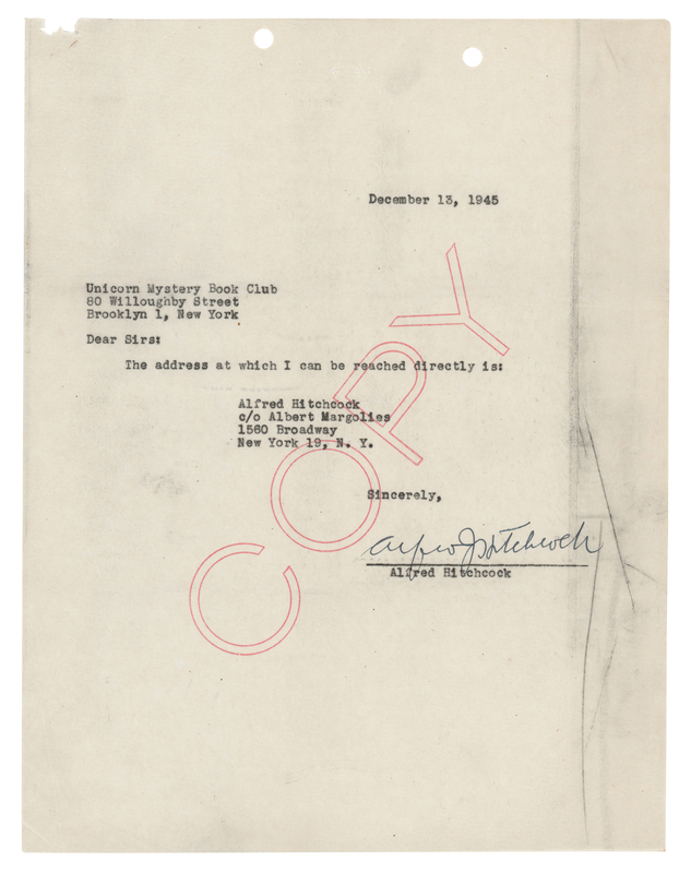 Lot 708 Alfred Hitchcock Document Signed to the Unicorn Mystery Book Club