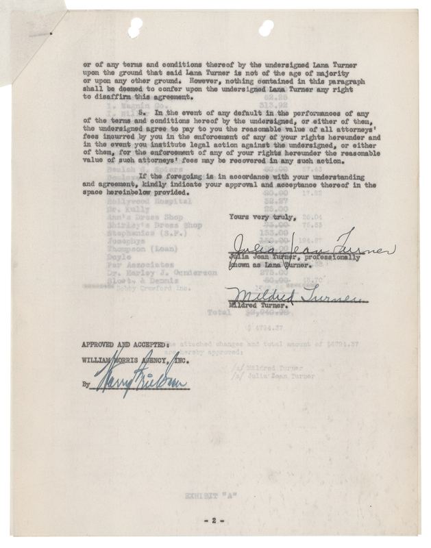 Lot 746 Lana Turner Early Agency Contract Signed 