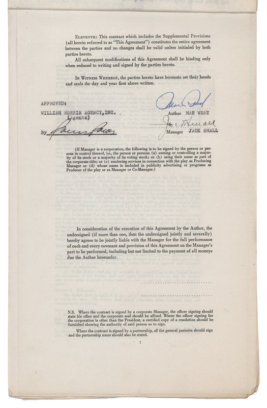Lot 752 Mae West Signed Production Contract for Her Signature Play, Diamond Lil (1950)
