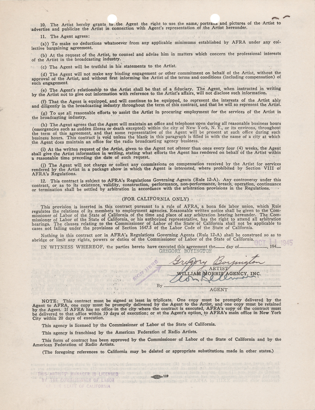 Lot 476 Pappy Boyington Signed Agency Contract, Days After Receiving the Medal of Honor