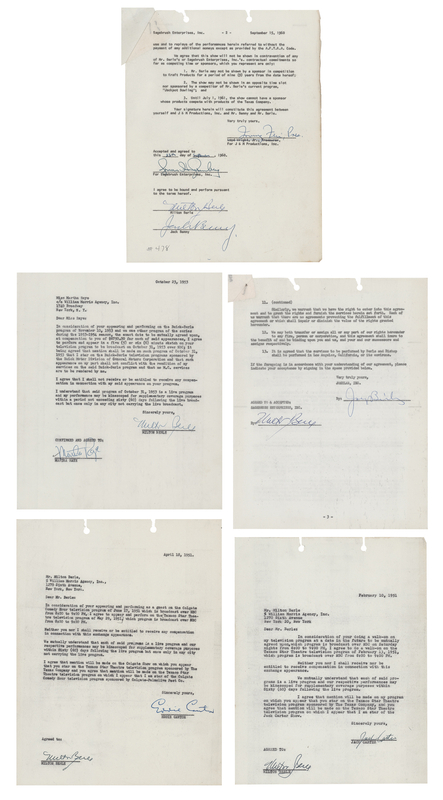 Lot 685 Milton Berle Lot of (5) Five Dual-Signed Television Agreements, With Jack Benny, Eddie Cantor, Jack Carter, Martha Raye, and Joey Bishop