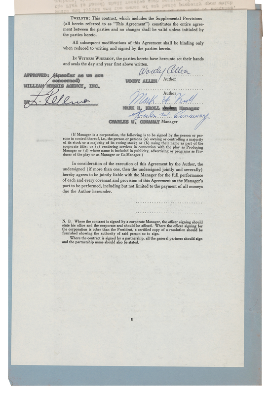 Lot 681 Woody Allen Signed Revue Production Contract for the Proposed Broadway Revue 'Of All Things' (1958)