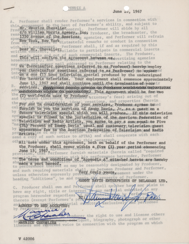Lot 696 Sammy Davis, Jr. and Maurice Chevalier Signed 1967 Television Special Agreement