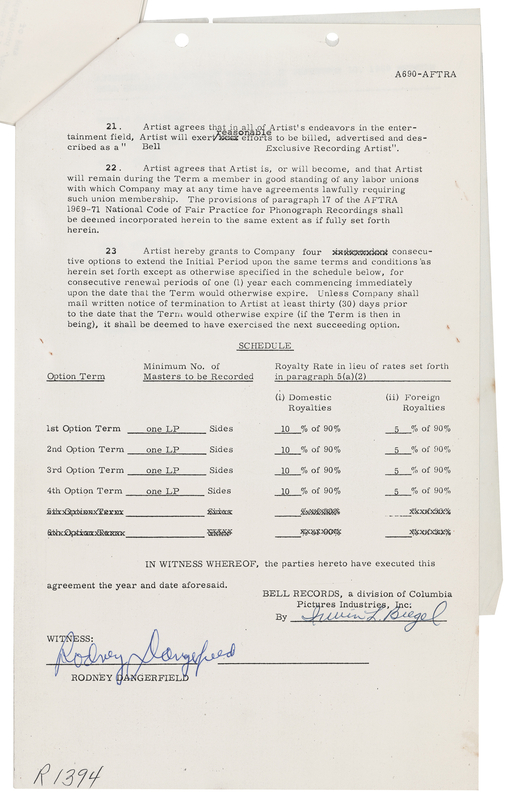 Lot 695 Rodney Dangerfield Signed 1969 Bell Records Recording Contract