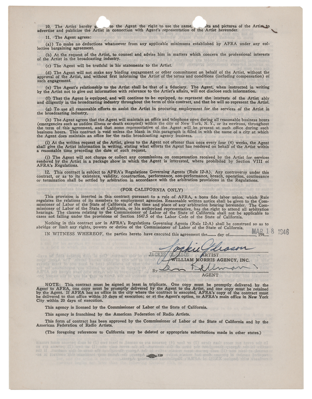 Lot 704 Jackie Gleason Signed Agency Contract
