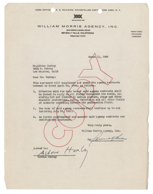 Lot 531 Aldous Huxley Signed Agency Contract Amendment