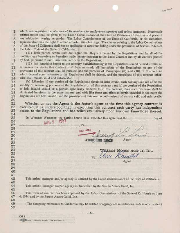 Lot 627 Jerry Lee Lewis 1957 Agency Contract Signed in His Breakthrough Year