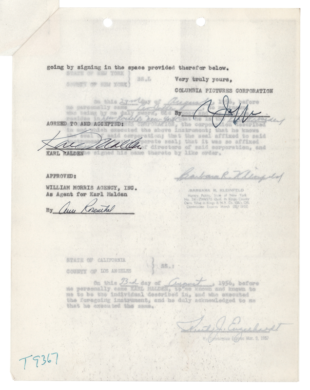 Lot 721 Karl Malden Signed Net Proceeds Agreement for 'On the Waterfront'