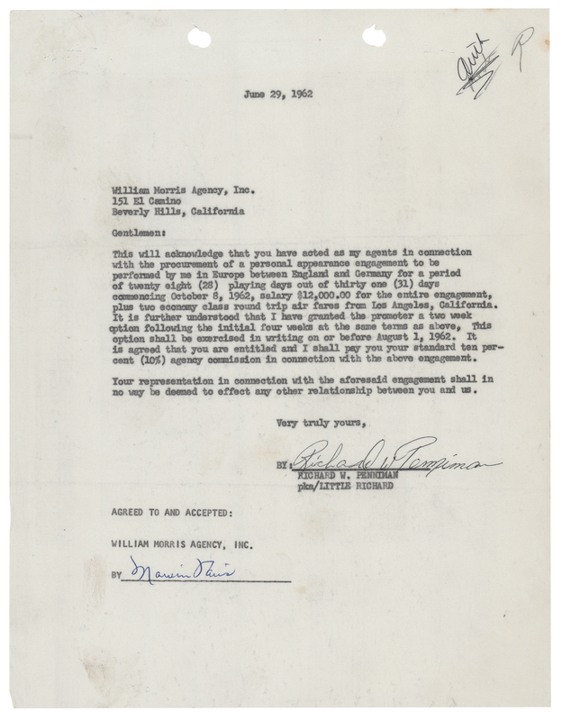 Lot 631 Little Richard 1962 European Tour Contract Signed with His Given Name, 