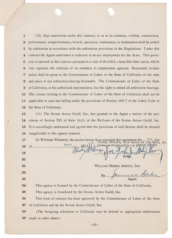 Lot 733 Mickey Rooney Agency Contract Signed Three Times as 