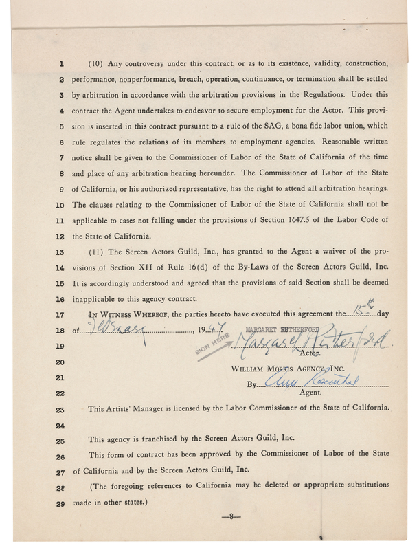 Lot 734 Margaret Rutherford Signed Agency Contract