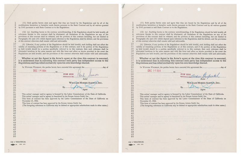 Lot 647 Simon and Garfunkel (2) Early Signed Agency Contracts, Executed Shortly After the Release of Wednesday Morning, 3 A.M.