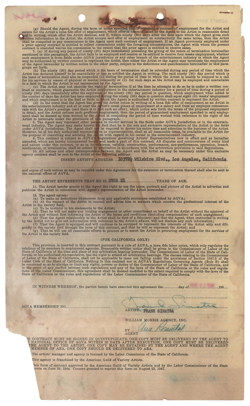 Lot 740 Frank Sinatra Agency Contract Signed at the Height of His Mid-1950s Career (1956)