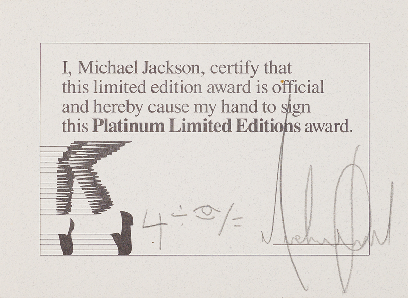 Lot 666 Michael Jackson Signed Platinum Limited Editions Award Certificate