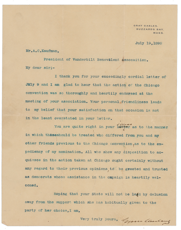 Lot 54 Grover Cleveland Typed Letter Signed on Democratic Unity Following His 1892 Presidential Nomination