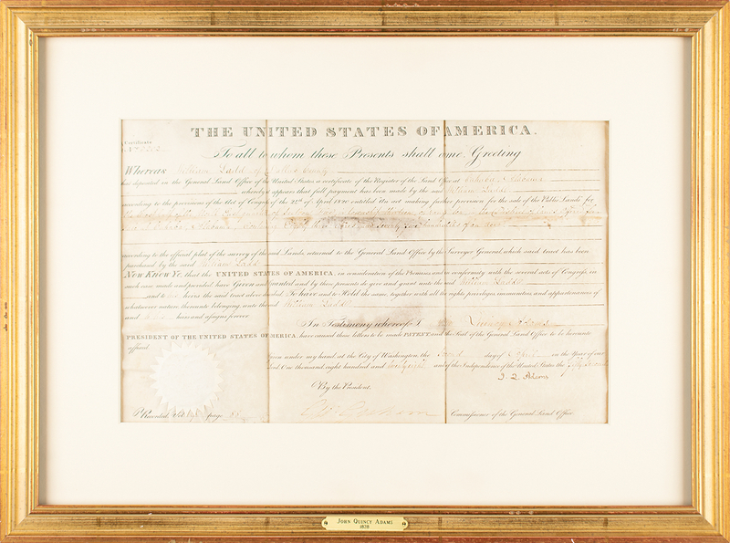 Lot 9 John Quincy Adams Document Signed as President - Alabama Land Grant (1828)