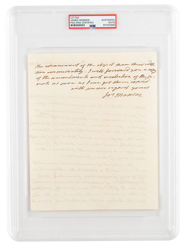 Lot 7 James Monroe Autograph Letter Signed as Governor of Virginia, Discussing the State's Proposed Constitutional Amendments (1802)