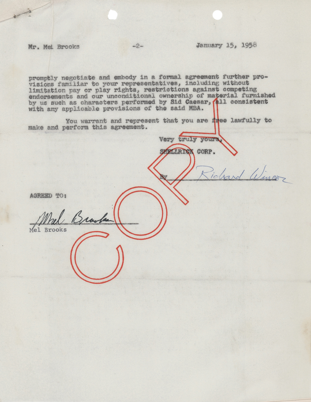 Lot 688 Mel Brooks Early Document Signed for Employment as a Writer on 'Sid Caesar Invites You' (1958)