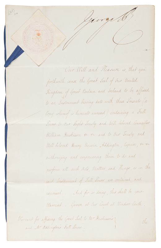 Lot 185 King George IV Document Signed, Authorizing Diplomatic Negotiations with the United States (1826)