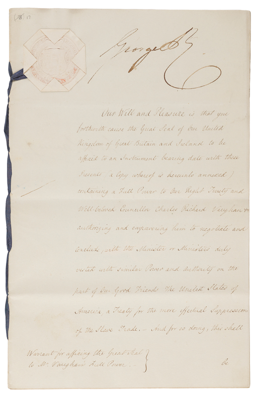 Lot 184 King George IV Document Signed, Authorizing Negotiation of a Treaty with the United States for the Suppression of the Slave Trade (1825)