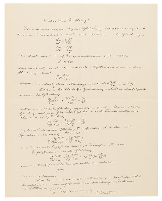 Lot 277 Albert Einstein Autograph Letter Signed on Hamiltonian Mechanics with Extensive Equations on Covariance and Invariance