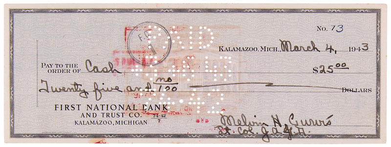 Lot 448 Melvin Purvis Signed Check