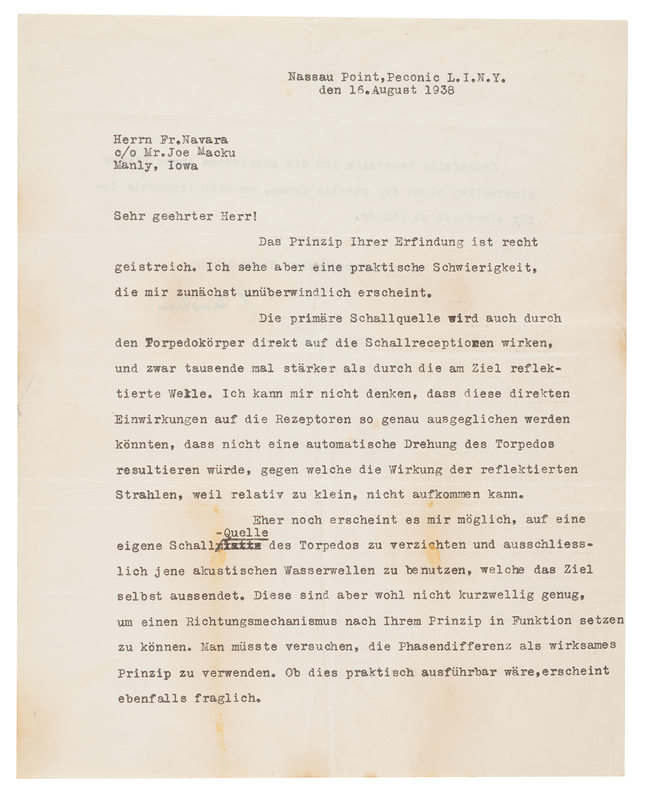 Lot 281 Albert Einstein Typed Letter Signed, Assessing a Sonar-Guided Torpedo on the Eve of World War II