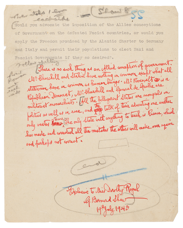 Lot 543 George Bernard Shaw Autograph Manuscript Signed on 