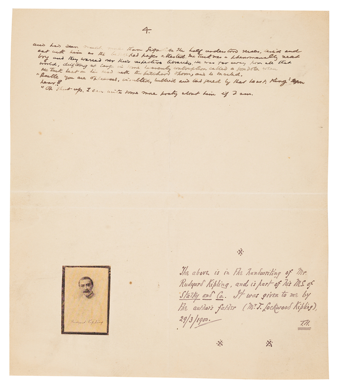Lot 532 Rudyard Kipling Handwritten Manuscript Page from 'Stalky & Co.'