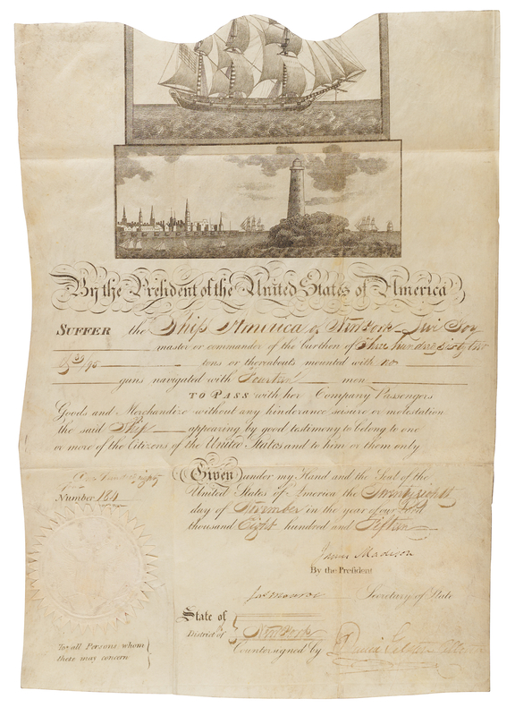 Lot 4 James Madison and James Monroe Document Signed as President and Secretary of State - Scalloped-Top Passport Issued to the Ship America