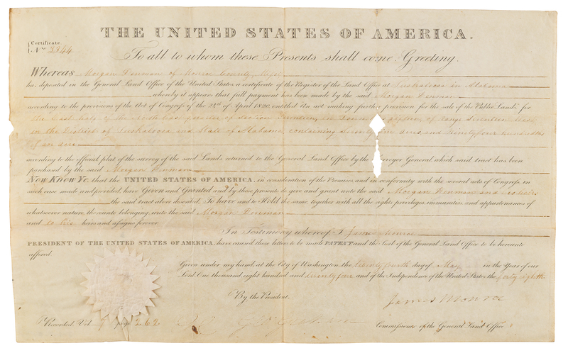 Lot 8 James Monroe Document Signed as President, Granting Land in Alabama