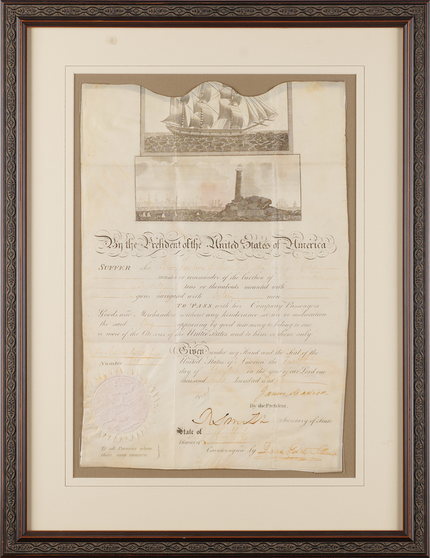 Lot 3 James Madison Signed Ship's Pass Document as President