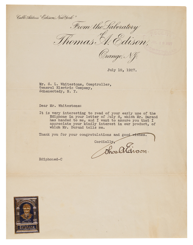 Lot 275 Thomas Edison Typed Letter Signed on the Ediphone’s Golden Jubilee