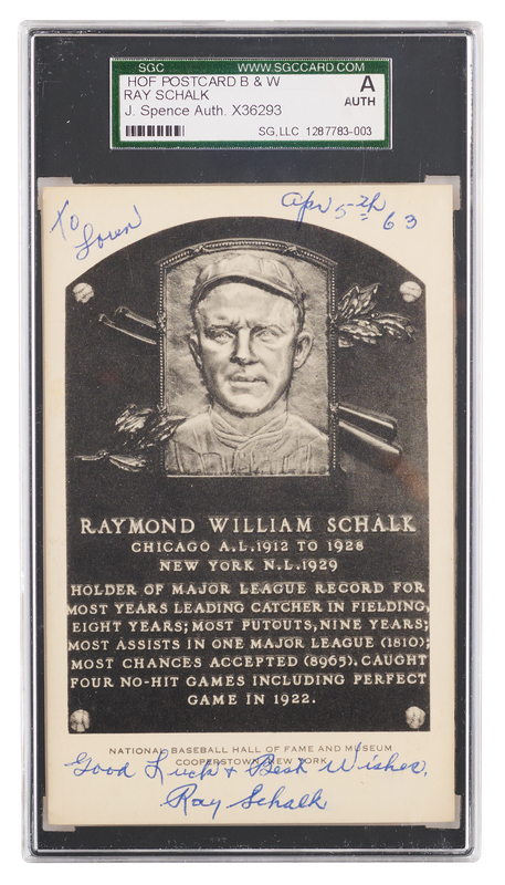 Lot 772 Ray Schalk Signed Hall of Fame Plaque Card