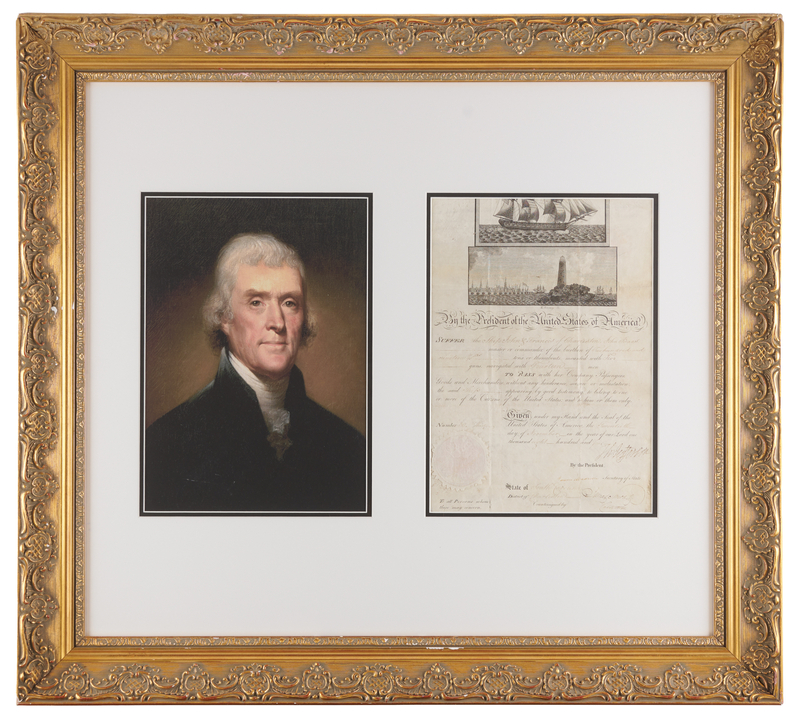 Lot 2 Thomas Jefferson and James Madison Document Signed as President and Secretary of State, Approving Passage of the Armed Ship John & Francis (1804)