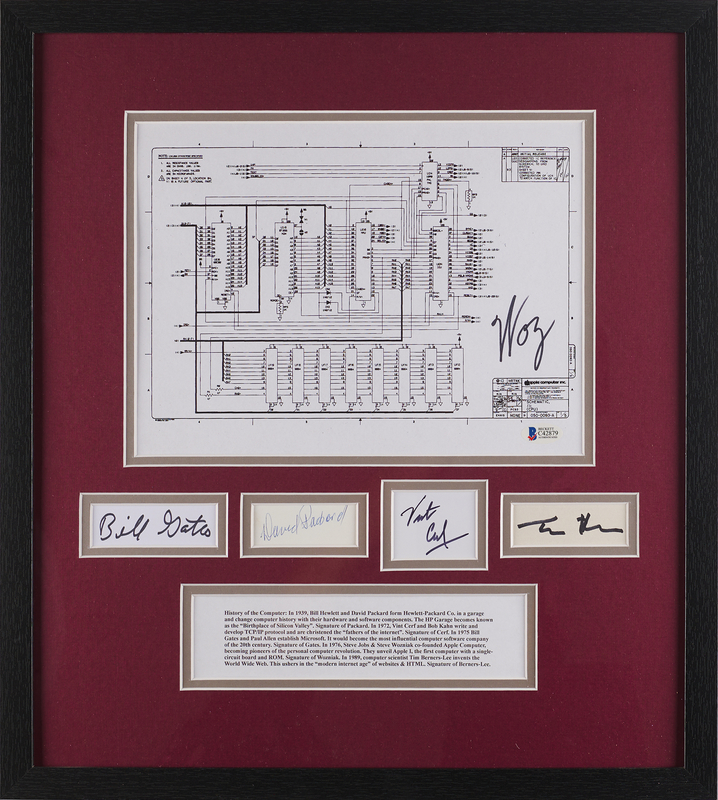 Lot 266 Computer Pioneers (5) Signature Display - Steve Wozniak, David Packard, Tim Berners-Lee, Vint Cerf, and Bill Gates