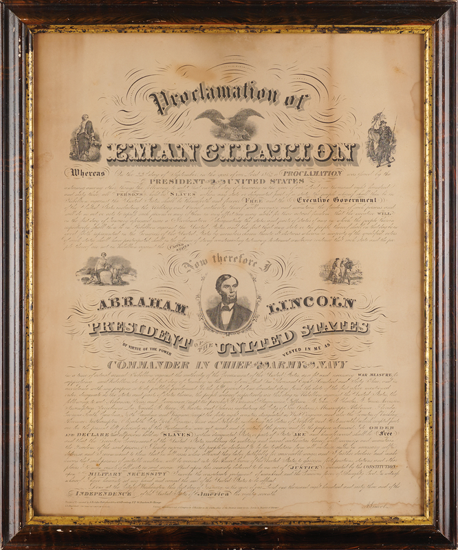 Lot 40 Abraham Lincoln 1864 Emancipation Proclamation Engraved Broadside by Albert Kidder