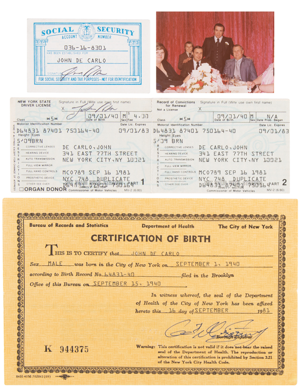 Lot 456 Roy DeMeo Original Unpublished Family Photograph and (3) False “John De Carlo” Escape Identity Documents