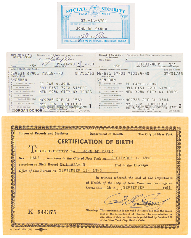 Lot 456 Roy DeMeo Original Unpublished Family Photograph and (3) False “John De Carlo” Escape Identity Documents